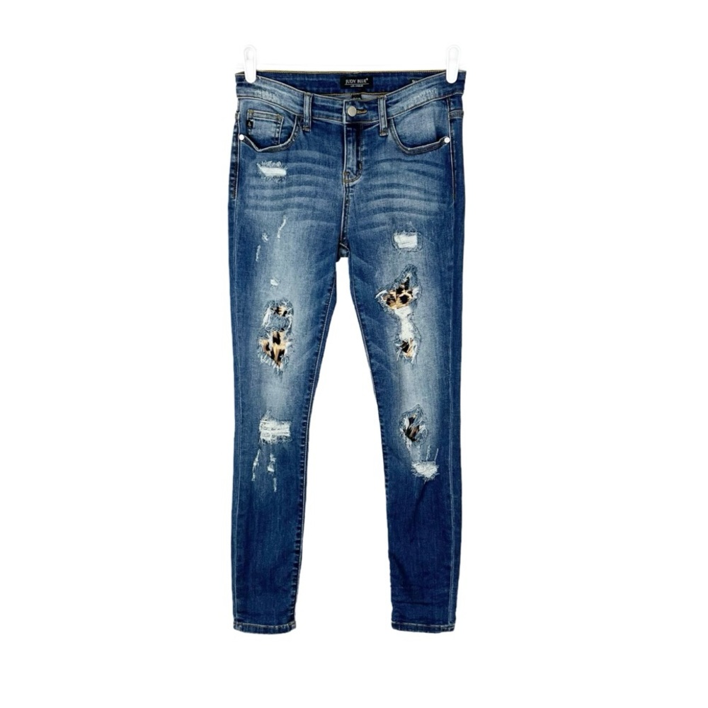 Judy Blue Leopard Patch Distressed Skinny Fit Jeans Size 7/28 Stretch